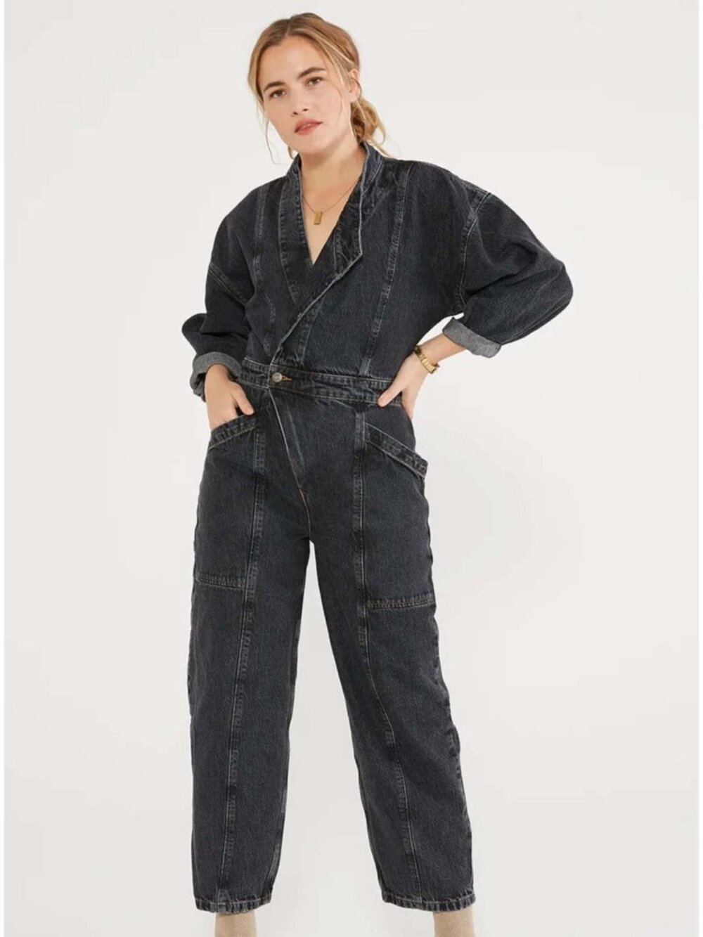 Ética XS Black Denim Asymmetric Jumpsuit Long Sleeve Minimalist Grungecore